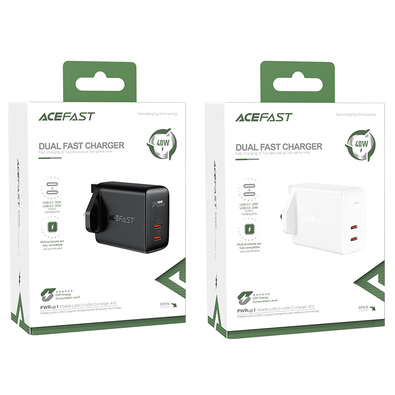 شاحن ايس فاست A12 سريع 40 واط بمنفذين تايب سي PD | ACEFAST A12 40W USB-C Charger