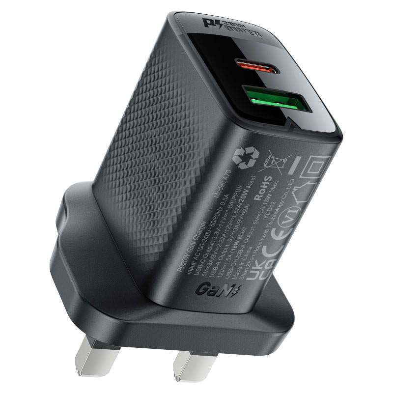 ACEFAST A79 GaN PD20W رأس شاحن سريع بمنفذي USB-C وUSB-A أسود