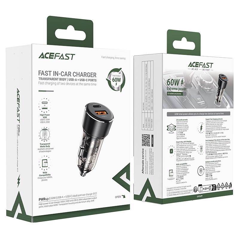 Fast Charge Car Charger B12 60W (1xUSB-C + 1xUSB-A) | ACEFAST
